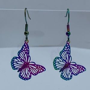 NWT. Handmade Shimmering Iridescent Rainbow Butterfly Earrings!